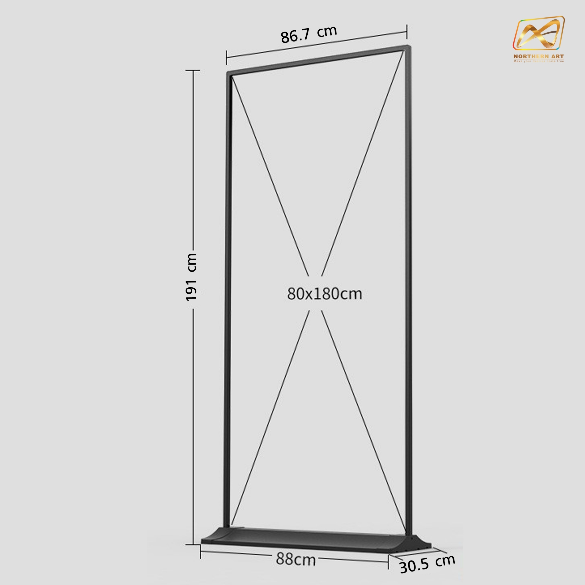 ป้ายตั้งพื้น รุ่นแขวน ฐานพลาสติกขึ้นรูป ขนาด 80x180 ซม. โครงเหล็กสีดำพร้อมขอแขวน 4 มุม ถอดประกอบได้ เคลื่อนย้ายสะดวก