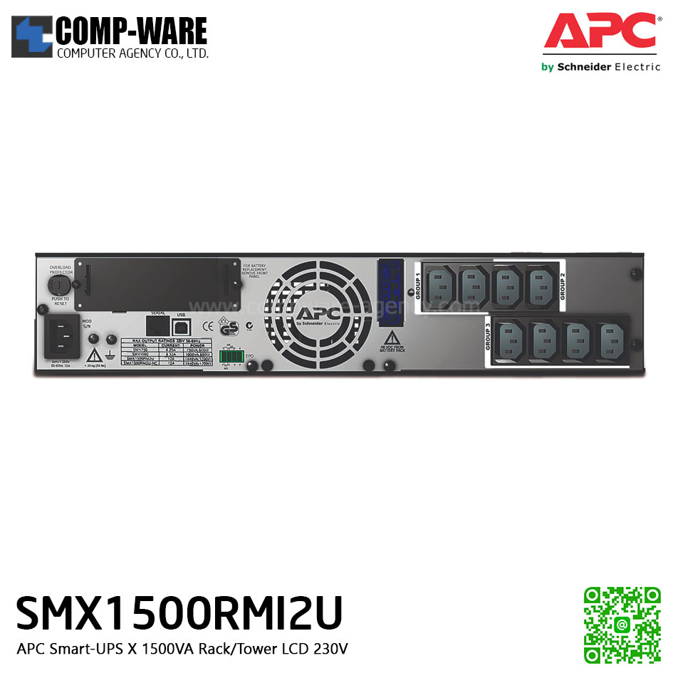 APC SMX Series Smart-UPS X 1500VA Rack/Tower convertible,LCD ,230V , SmartSlot สำหรับใส่ network card (Option) รองรับbattery pack สูงสุด 10 pack APC-SMX1500RMI2U
