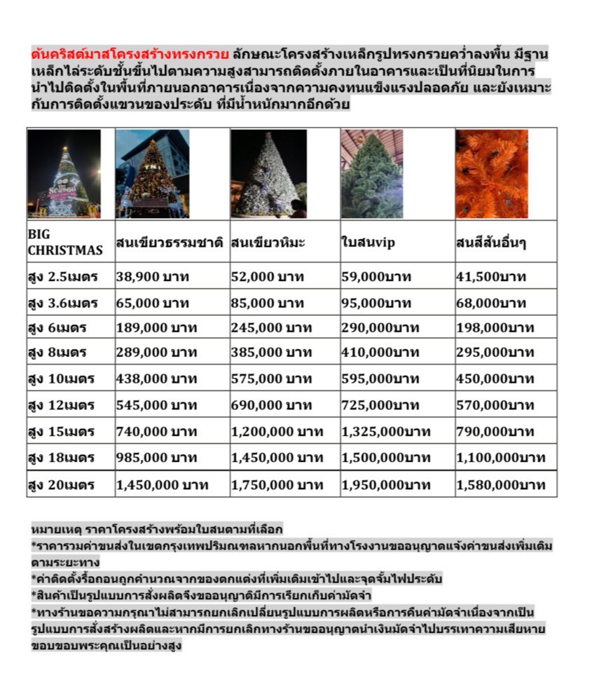 แบบตารางราคาการเปรียบเทียบระหว่าง ขายซื้อต้นคริสต์มาสและการเช่าต้นคริสต์มาสปลอม