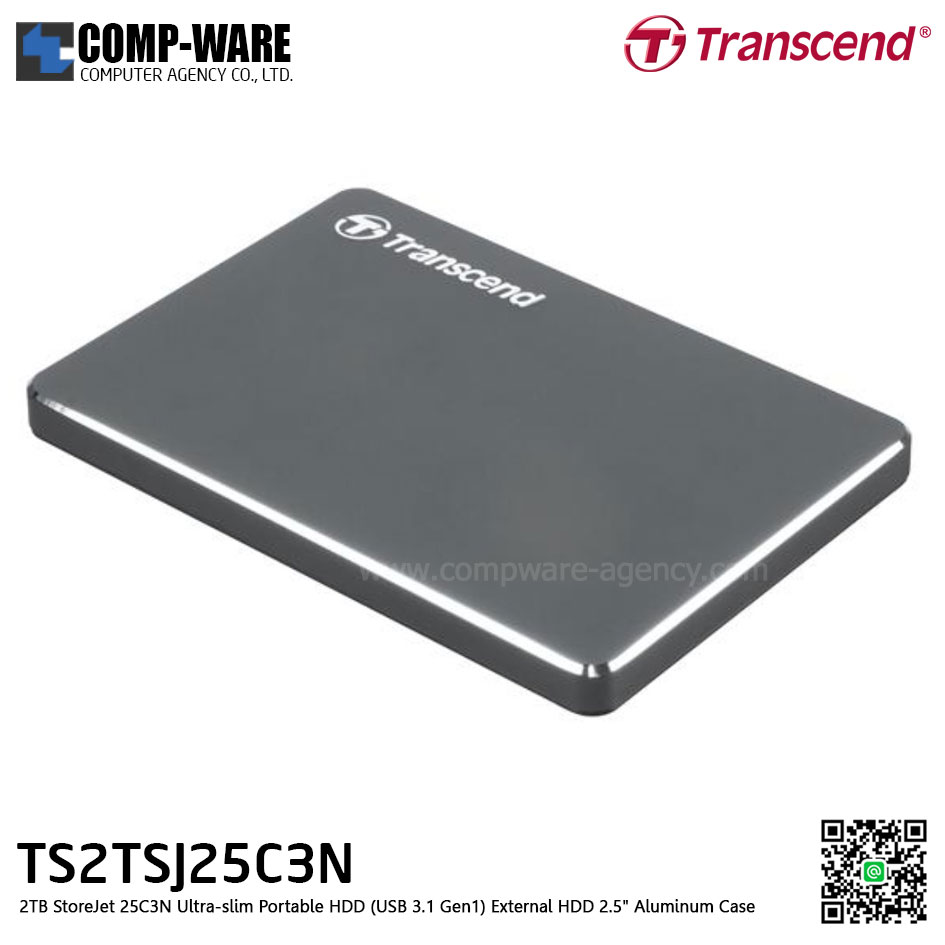 Transcend 2TB StoreJet 25C3N Ultra-slim Portable HDD (USB 3.1 Gen1) External HDD 2.5" Aluminum Case - TS2TSJ25C3N