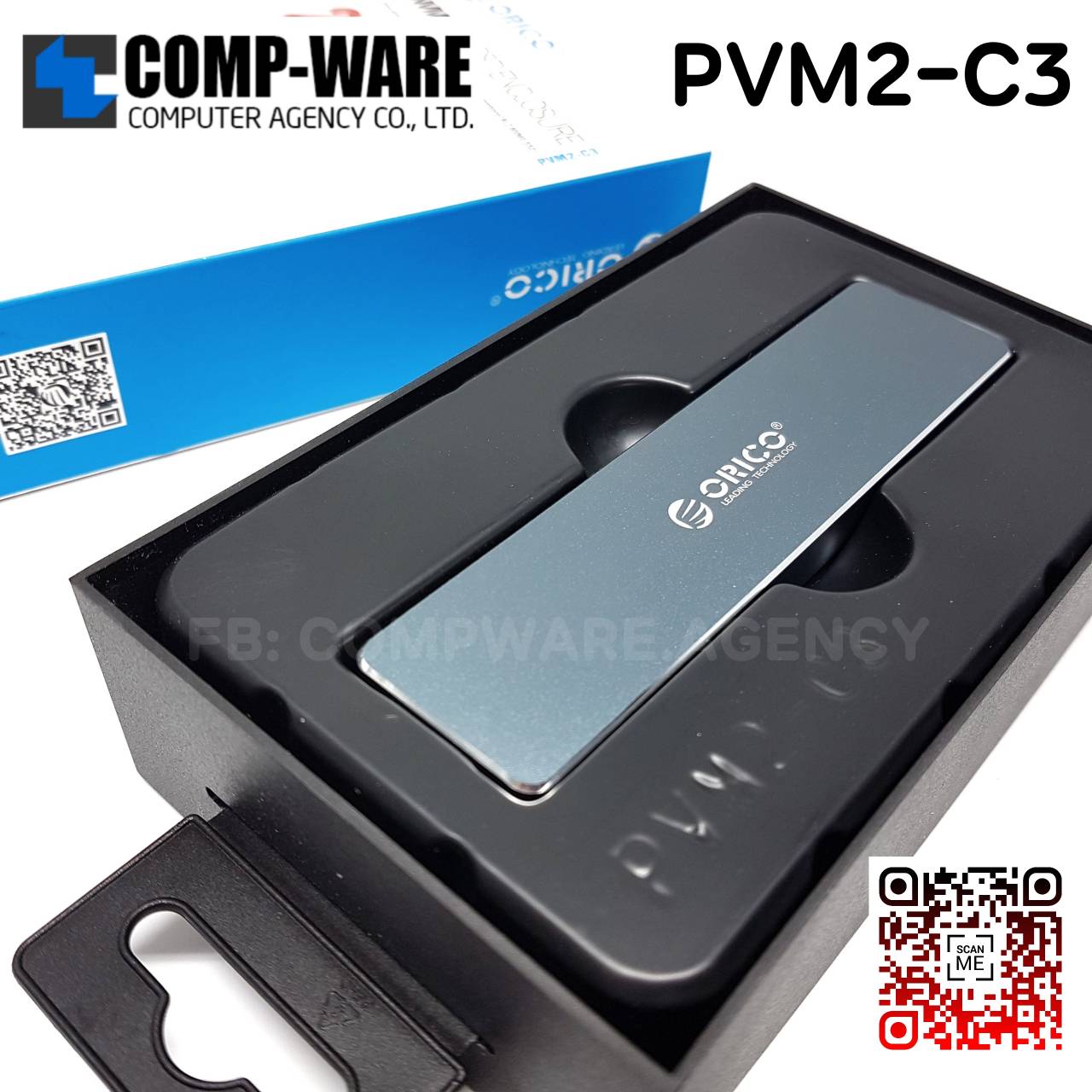 ตัวแปลง Orico PVM2-C3 Mini Clip-open M.2 SSD PCIe NVMe to USB3.1 Gen2 10Gbps Aluminum Enclosure สีเทา