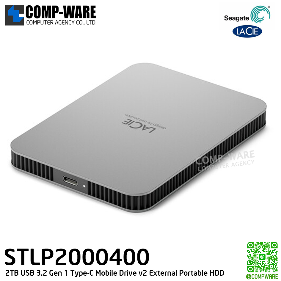 Seagate LaCie 2TB USB 3.2 Gen 1 Type-C Mobile Drive v2 (Moon Silver) - STLP2000400 - 3Y Warranty