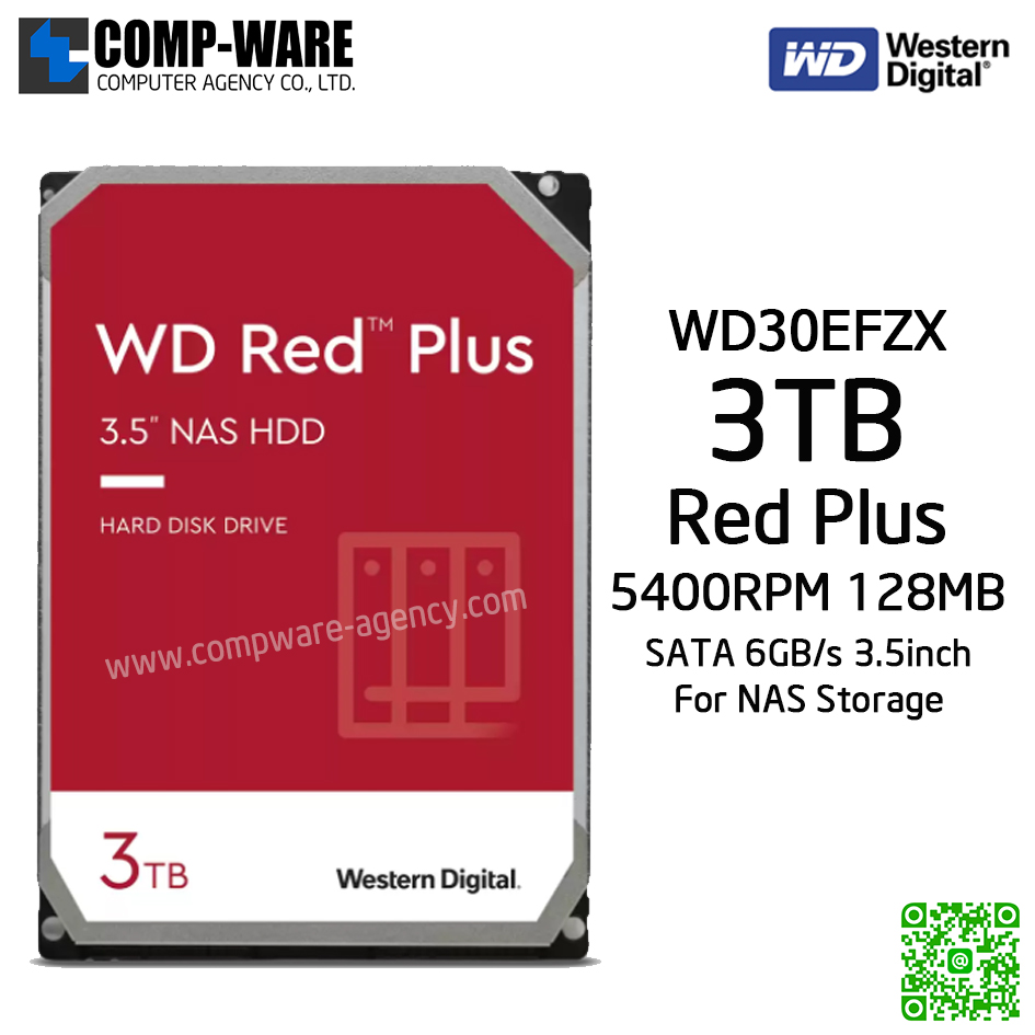 WD Red Plus 3TB NAS Hard Disk Drive - 5400RPM SATA 6Gb/s 128MB Cache 3.5Inch - WD30EFZX รับประกัน 3ปี