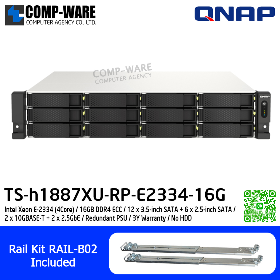 QNAP (2U 18-Bay) TS-h1887XU-RP-E2334-16G / Intel Xeon E-2334 (4Core) / 16GB DDR4 ECC / 12 x 3.5-inch SATA + 6 x 2.5-inch SATA / 2 x 10GBASE-T + 2 x 2.5GbE / Redundant PSU / 3Y Warranty / No HDD / Rail Kit RAIL-B02