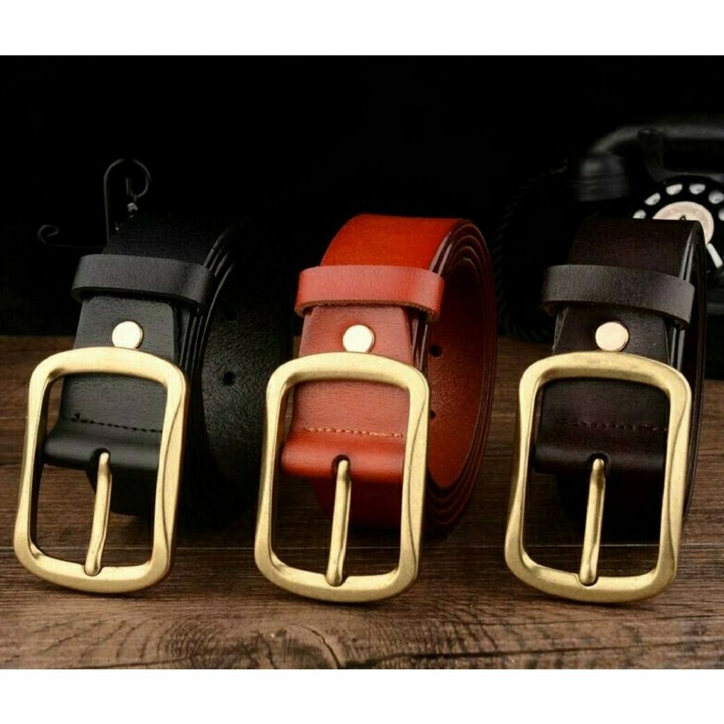 เข็มขัดผู้ชาย เข็มขัดหนังแท้ (หัวทองเหลืองแท้ 100 %) พร้อมเจาะรูเข็มขัดให้ฟรี