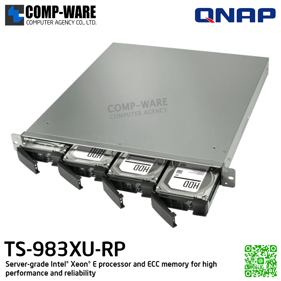 QNAP (1U 9-Bay) TS-983XU-RP-E2124-8G / Intel Xeon E-2124 (8Core) / 8GB UDIMM DDR4 ECC (2 x 4GB) / 4 x 2.5"/3.5" SATA 6Gbps + 5 x 2.5" SATA 6Gbps / 2 x GigaLan, 2 x 10GbE SFP+ SmartNIC / 300W Redundant PSU / 3Y Warranty , No HDD , No Rail Ki