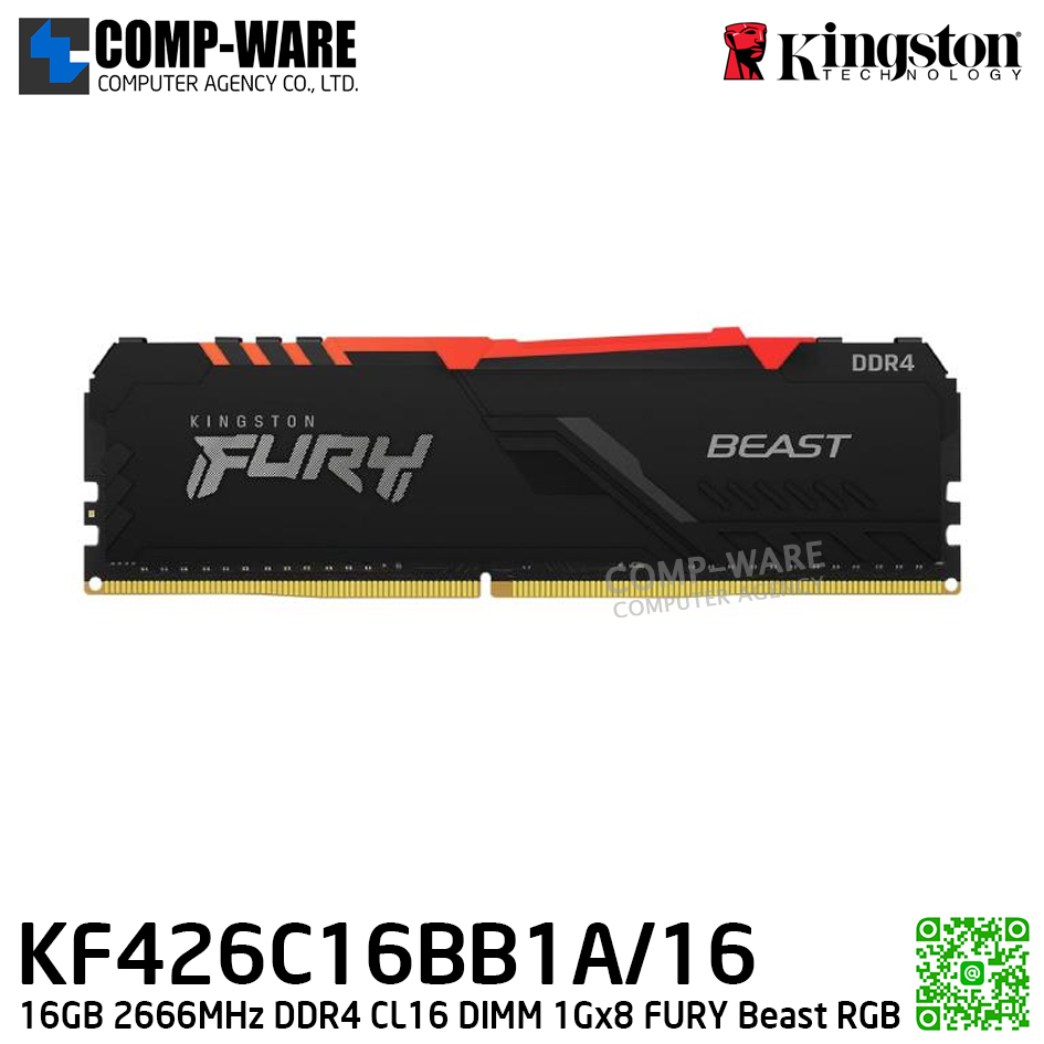 Kingston KF426C16BB1A/16 16GB 2666MHz DDR4 CL16 DIMM 1Gx8 FURY Beast RGB - Lifetime Warranty - Memory Module - RAM