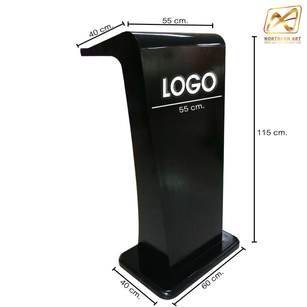 โพเดียมไม้ สีดำ รุ่น PD-11 ทรงโมเดิร์น ขนาด (W)55 x (L)40 x (H)115 cm. TOP เอียง พร้อมชั้นวางของ