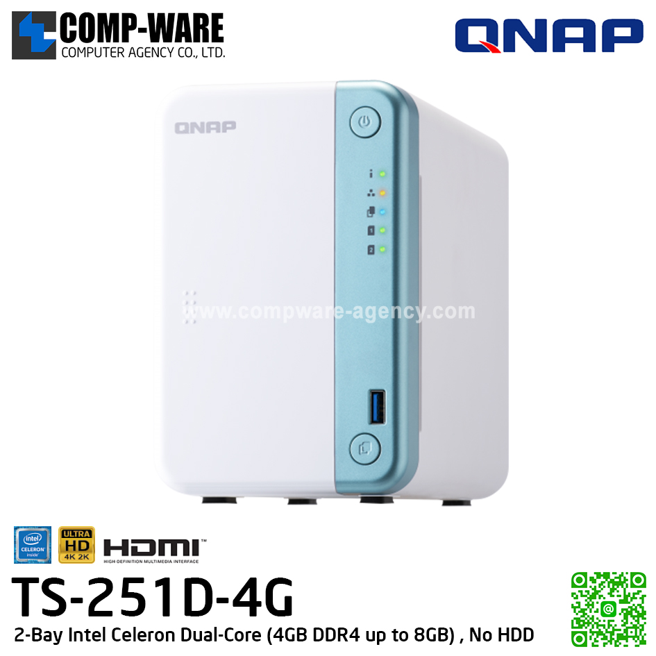 QNAP NAS (2-Bay) TS-251D (4GB DDR4 RAM up to 8GB) Intel Celeron J4005 Dual-Core HD Graphics 600, No HDD / TS-251D-4G