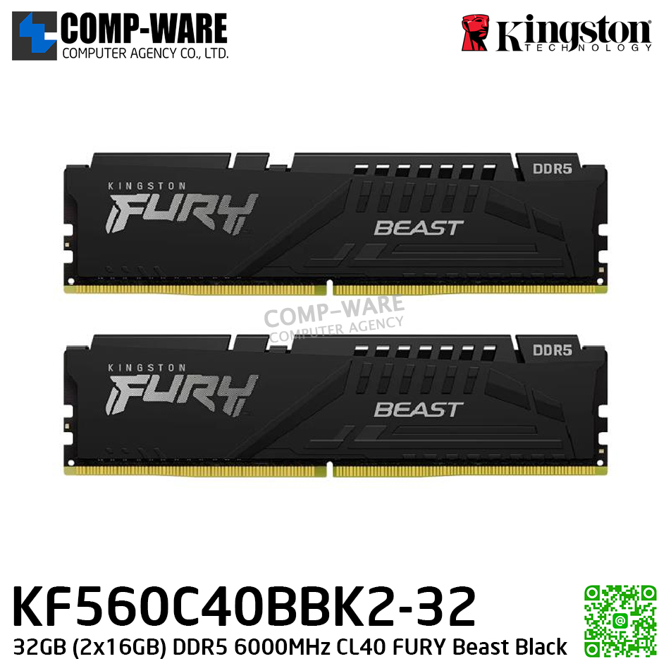 Kingston KF560C40BBK2-32 32GB (2x16GB) DDR5 6000MHz CL40 FURY Beast Black - Lifetime Warranty - Memory Module - RAM