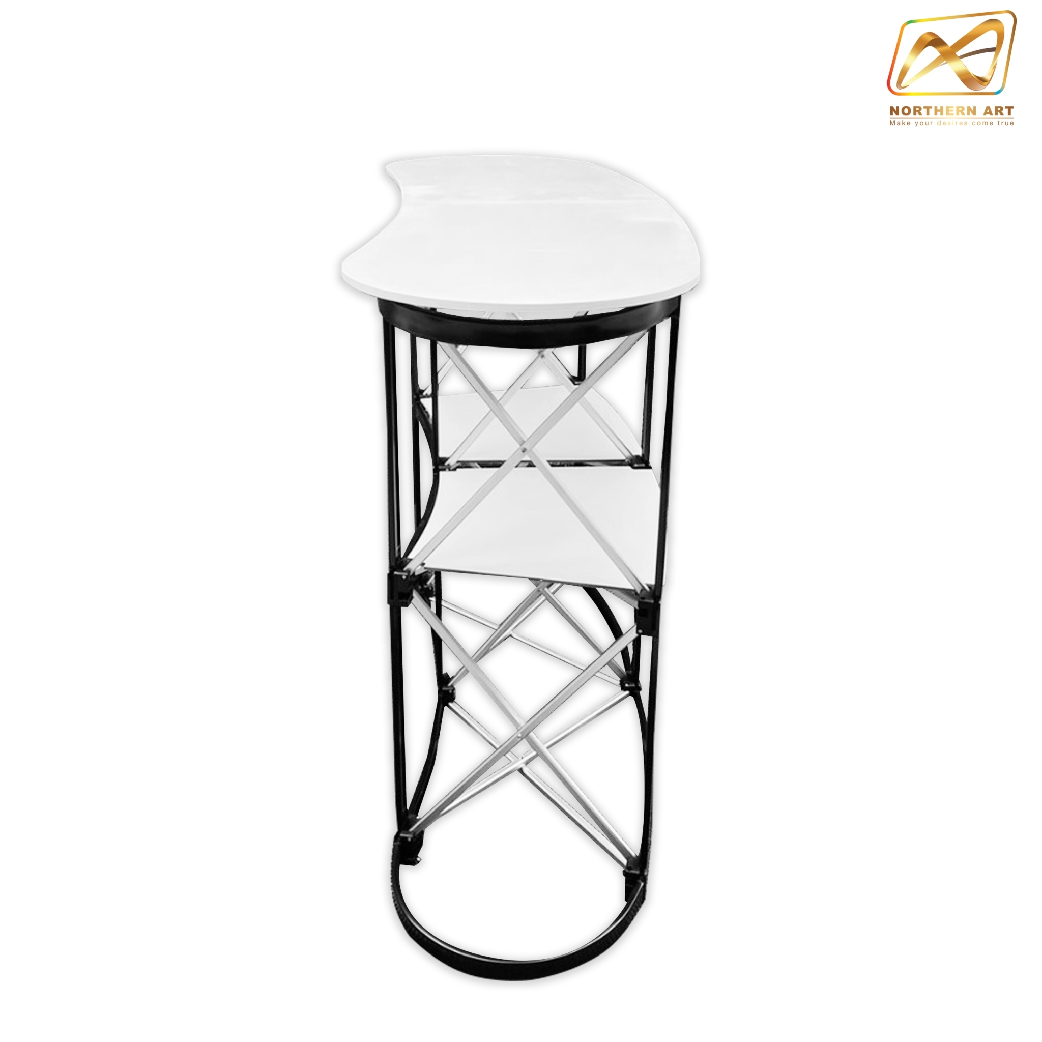 เคาน์เตอร์สำเร็จรูป รุ่นโค้ง TOPสีขาว มีช้นวาง ขนาด (W)133 x (D)39 x (H) 90 cm.โครงอะลูมิเนียม พับเก็บได้ เคลื่อนย้ายสะดวก