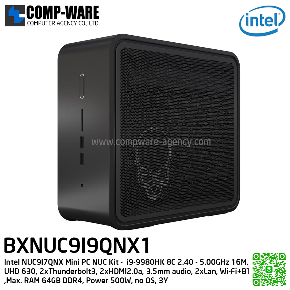 Intel NUC9I9QNX Mini PC NUC Kit - (เครื่องเปล่า) Intel NUC9 Extreme i9-9980HK 8C 2.40 - 5.00GHz 16M, UHD 630, 2xThunderbolt3, 2xHDMI2.0a, 3.5mm audio, 2xLan, Wi-Fi+BT, Power 500W, no OS, 3Y (รองรับการ์ดจอแยก) BXNUC9I9QNX1