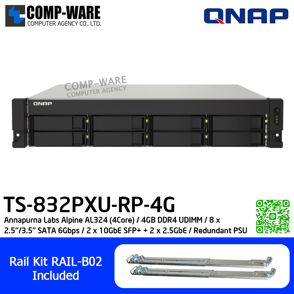 QNAP (2U 8-Bay) TS-832PXU-RP-4G / Annapurna Labs Alpine AL324 (4Core) / 4GB DDR4 UDIMM / 8 x 2.5"/3.5" SATA 6Gbps / 2 x 10GbE SFP+ + 2 x 2.5GbE / Redundant PSU / 3Y Warranty / No HDD / Rail kit RAIL-B02