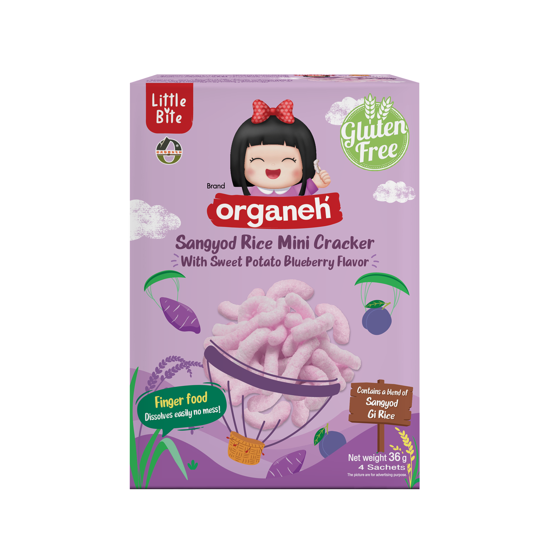 มินิแครกเกอร์ข้าวสังข์หยด ผสมมันม่วงและบลูเบอรี่