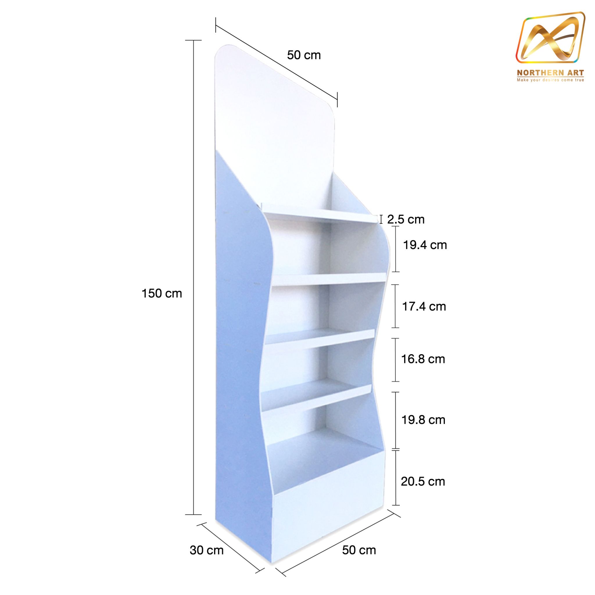 ชั้นวางสินค้าพลาสวูด 5 ชั้น ขนาด (W)50 x (D)30 x (H)150 ซม. พลาสวูดสีหนา 8 มม. พร้อมงานพิมพ์