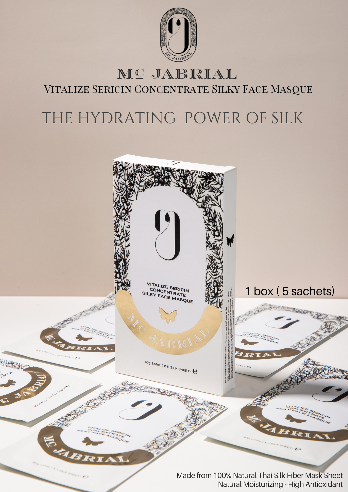 1 Box 5 sachets. MC JABRIAL Vitalize Sericin Concentrate Silky Face Masque 40g. แผ่นมาส์กหน้าใยไหม เซทกล่อง 5 ชิ้น