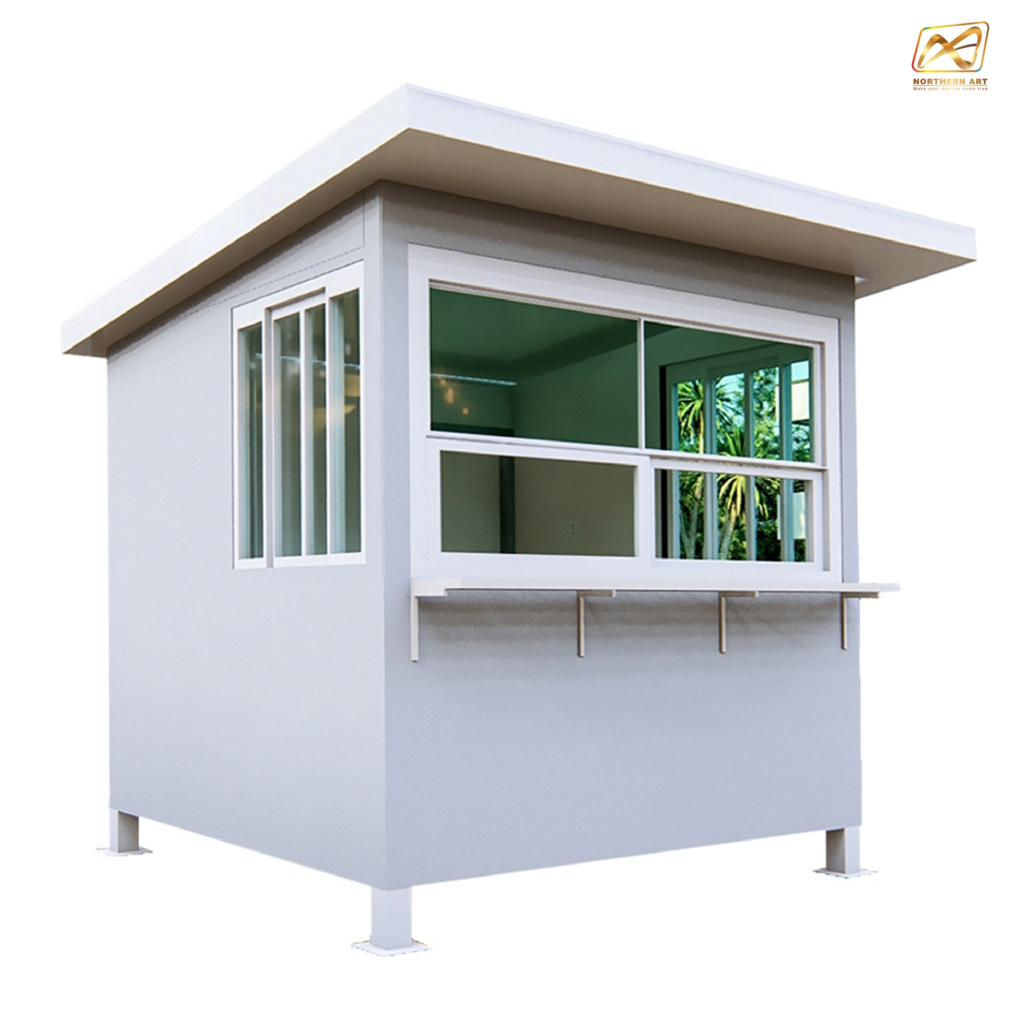 ป้อมยามสำเร็จรูป หุ้มเสา ขนาด (W)2.40 x (L)2.40 x (H)2.60 ม. โครงเหล็ก กรุแผ่นสมาร์ทบอร์ด บานหน้าต่างอลูมิเนียม