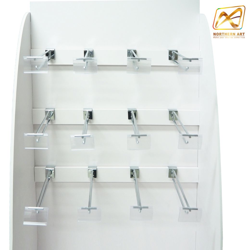 ชั้นวางสินค้าพลาสวูด รุ่น H03 ขนาด (W)55 x (D)30 x (H)150 ซม. พลาสวูดหนา 8 มม.พร้อมงานพิมพ์สติ๊กเกอร์ ( ราคาไม่รวมขอแขวนและป้ายราคา )