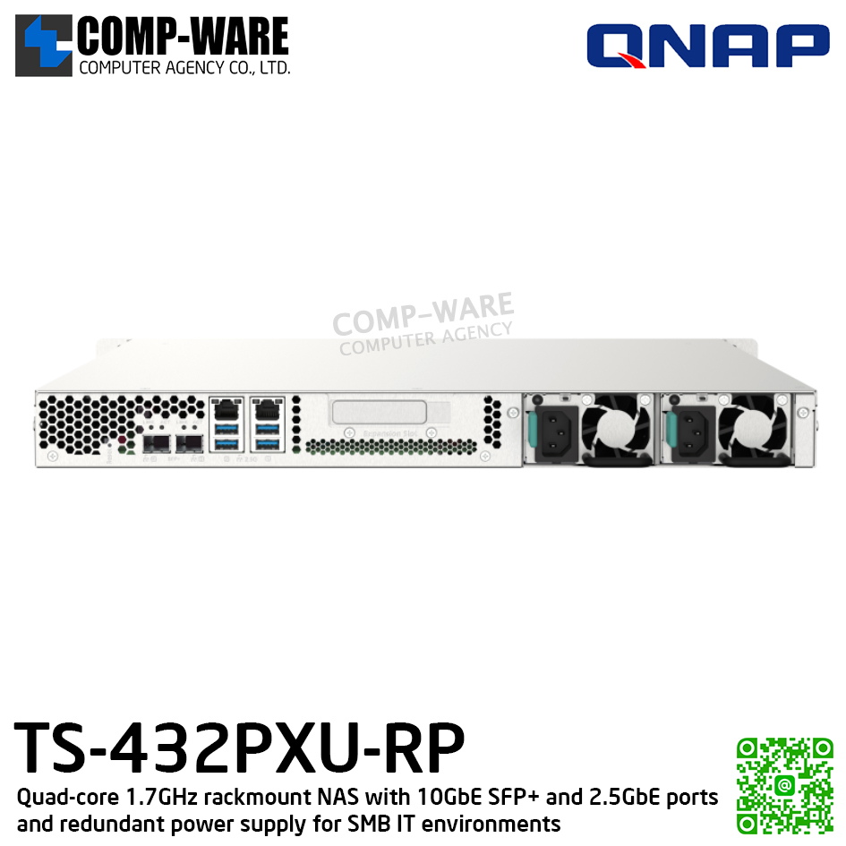 QNAP (1U 4-Bay) TS-432PXU-RP-2G / Annapurna Labs Alpine AL324 (4Core) / 2GB DDR4 UDIMM / 4 x 2.5"/3.5" SATA 6Gbps / 2 x 10GbE SFP+ + 2 x 2.5GbE / Redundant PSU / 3Y Warranty / No HDD / RAIL-B02