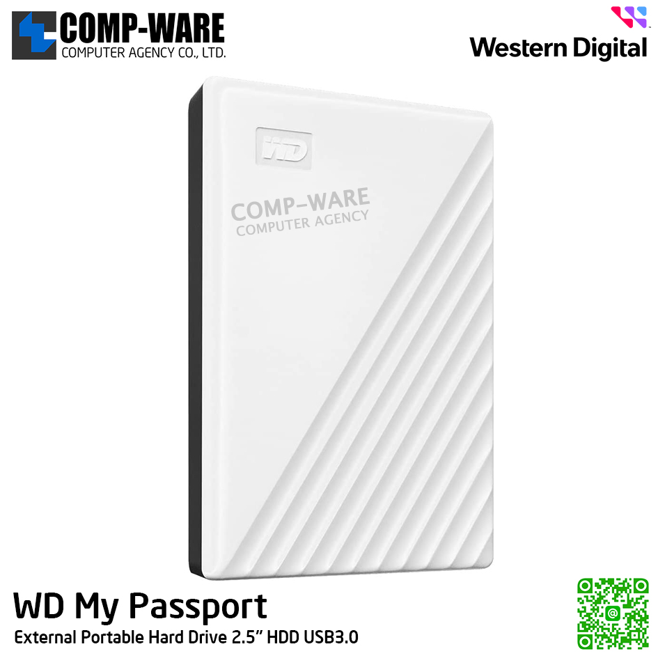 WD 2TB My Passport External Portable Hard Drive 2.5" HDD USB3.0 (White) WDBYVG0020BWT-WESN รับประกัน 3 ปี