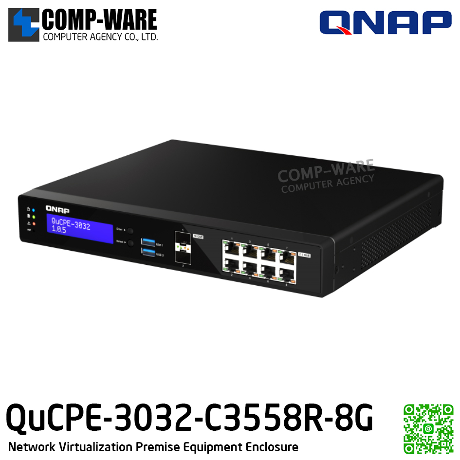 QNAP QuCPE-3032-C3558R-8G Intel Atom C3558R, 8 x 2.5GbE RJ45 ports and 2 x 10GbE SFP+ ports, 2 x M.2 2280 NVMe slot, 60W power supply units / 2Year Warranty