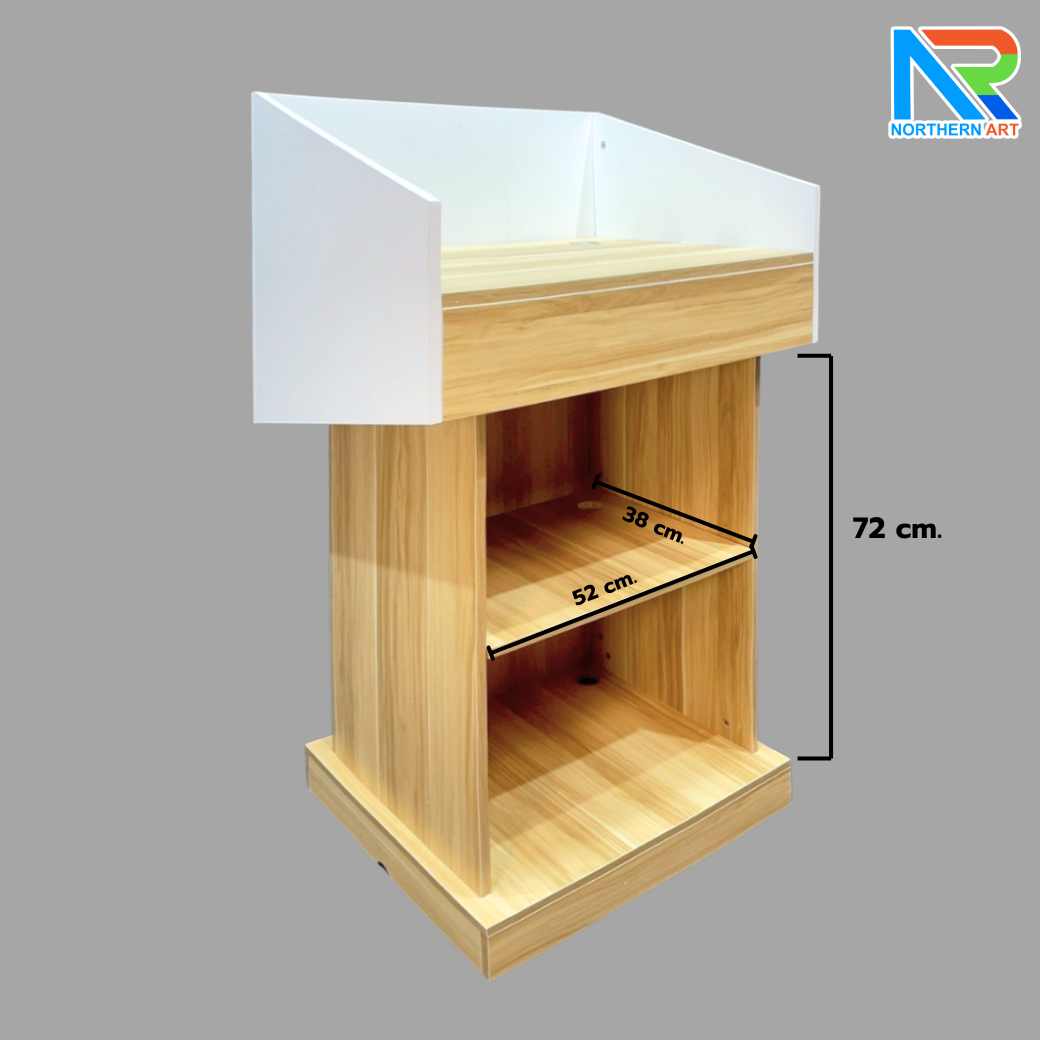 โพเดียมไม้MDF ทูโทน สีขาว และสีสักลายไม้ ขนาด (W)73 x (L)54 x (H)117 cm. พร้อมชั้นวาง