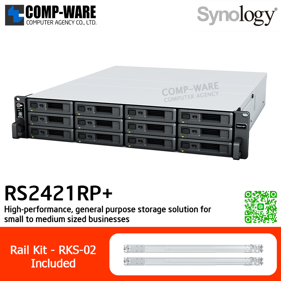 Synology RackStation (2U 12-Bay) RS2421RP+ / AMD Ryzen V1500B / 4GB DDR4 ECC (Max. 32GB) / 4x1GbE Base T, 25GbE/ 10GbE NIC & M.2 SATA SSD (Optional) / Redundant Power / Rail kit RKS-02 / No HDD / 3Y Warranty