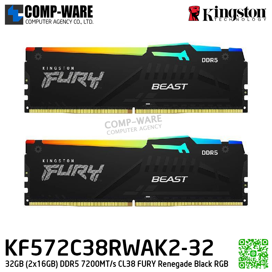 Kingston KF572C38RWAK2-32 32GB (2x16GB) DDR5 7200MT/s CL38 FURY Renegade Black RGB - Lifetime Warranty - Memory Module - RAM