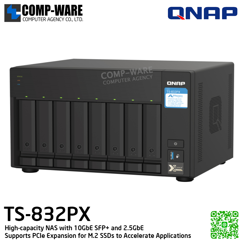 QNAP (Tower 8-Bay) TS-832PX-4G / Annapurna Labs Alpine AL324 (4Core) / 4GB DDR4 SODIMM / 8 x 2.5"/3.5" SATA 6Gbps / 2 x 10GbE SFP + LAN + 2 x 2.5GbE / Single PSU / 2Y Warranty / No HDD