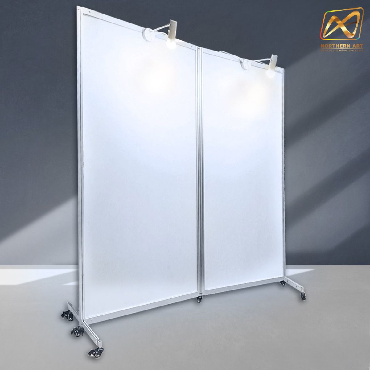 บอร์ดจัดนิทรรศการ แบบตั้งคู่ พร้อมล้อ ขนาด 100x200 ซม. โครงอะลูมิเนียมถอดประกอบได้ เคลื่อนย้ายสะดวก โชว์งานพิมพ์2ด้าน