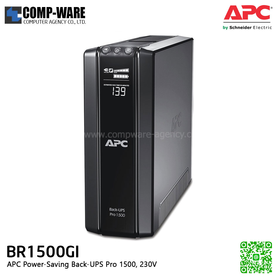 APC Back-UPS Pro 1500VA/865W 230V (เต้าเสียบ IEC, มี auto shutdown software, มีหน้าจอ LCD) ไม่มีสาย Input power cord , APC-BR1500GI
