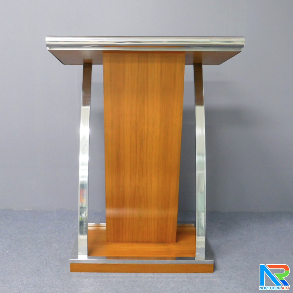 โพเดียมไม้ ยืนคู่ สีสัก ขนาด (W) 90x (L) 59 x (H) 120 cm.Topและฐาน หุ้มสแตนเลสเกรด304