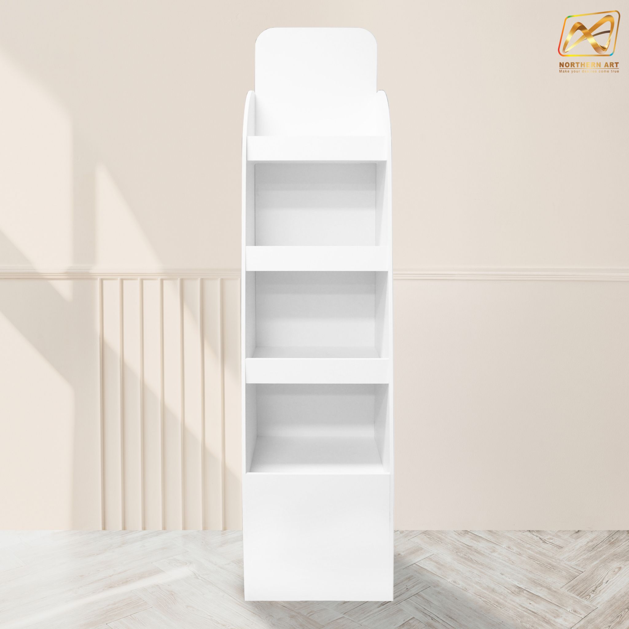 ชั้นวางสินค้าพลาสวูด 4 ชั้น ขนาด (W)30 x (D)30 x (H)135 ซม. พลาสวูดหนา 8 มม.พร้อมงานพิมพ์สติ๊กเกอร์ สำเนา