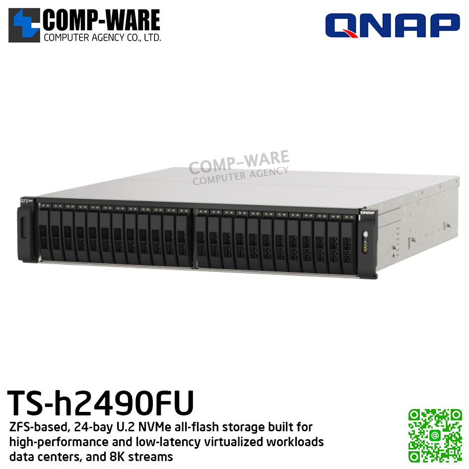 QNAP (2U 24-Bay) TS-h2490FU-7302P-256G / AMD EPYC 7302P (16C/32T) / 256GB RDIMM ECC DDR4 (8 x 32GB) / 24 x 2.5" NVMe Gen3 x4 U.2 SSD / 4 x 25GbE SFP28, 2 x 2.5GbE / Redundant PSU / 5Y Warranty / No HDD / Rail Kit RAIL-A03-57
