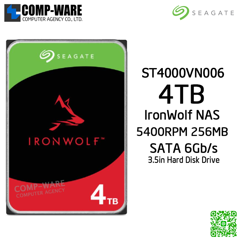 Seagate 4TB IronWolf NAS SATA 6Gb/s 5400RPM 256MB Cache 3.5-Inch Internal Hard Drive - ST4000VN006 - 3Y Warranty