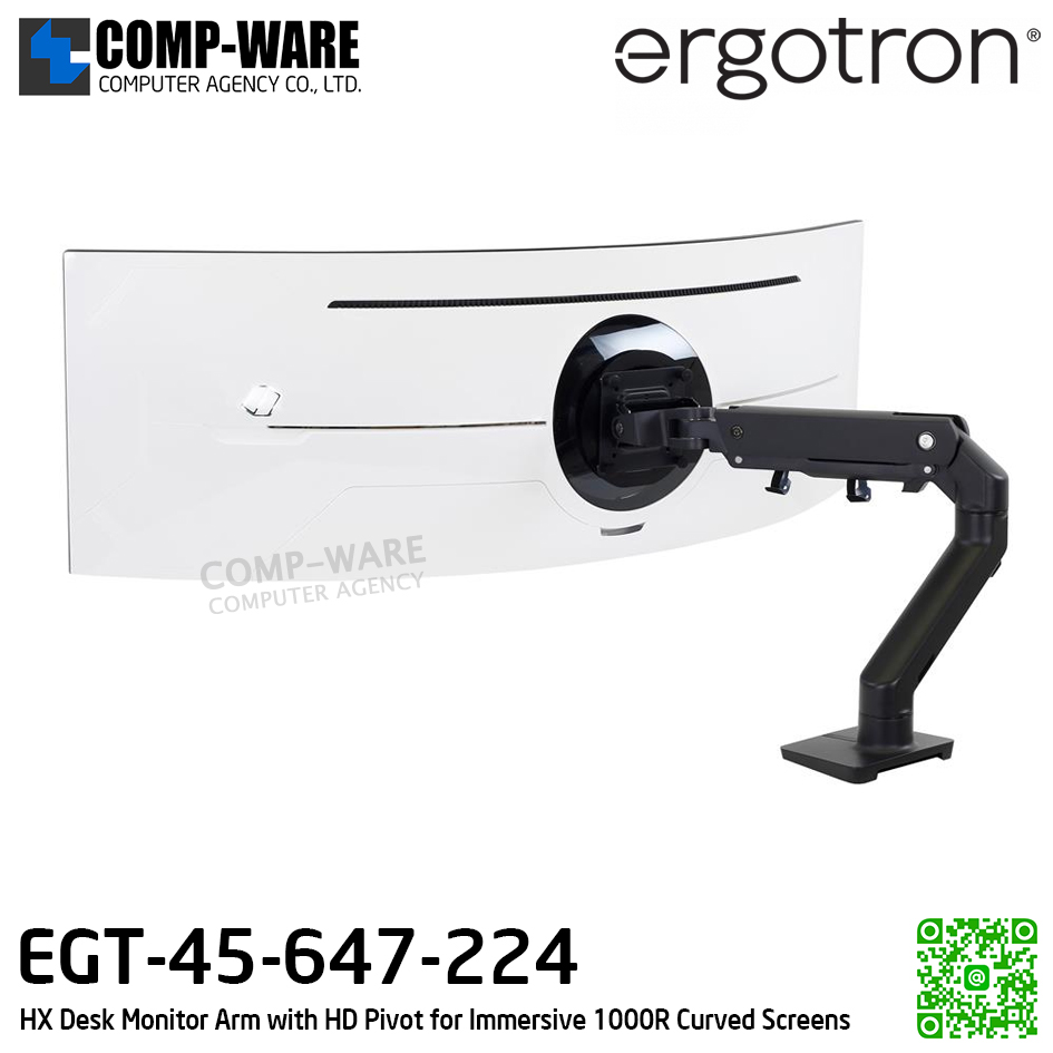 Ergotron HX Desk Monitor Arm with HD Pivot (matte black) for Immersive 1000R Curved Screens EGT-45-647-224 (10Y Warranty)