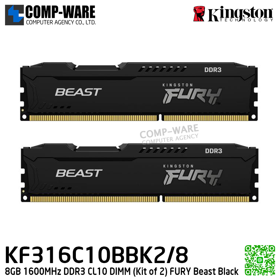 Kingston KF316C10BBK2/8 8GB 1600MHz DDR3 CL10 DIMM (Kit of 2) FURY Beast Black - Lifetime Warranty - Memory Module - RAM