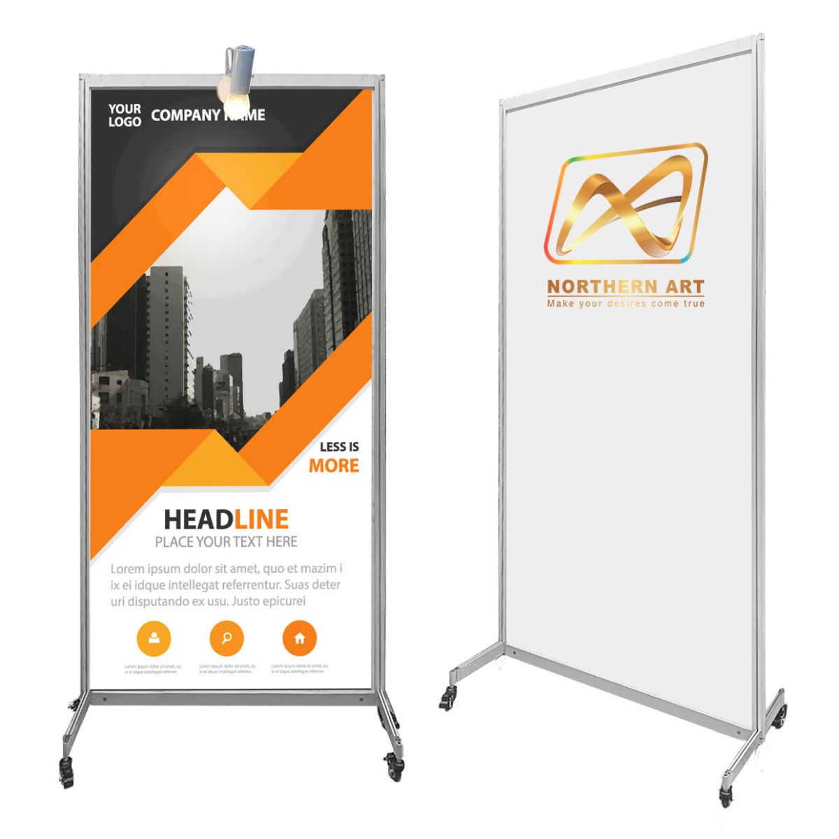 เช่าบอร์ดนิทรรศการ แบบตั้งเดี่ยว พร้อมล้อ ขนาด 100x200 ซม. พับเก็บได้ เคลื่อนย้ายสะดวก พร้อมบริการติดตั้งและรื้อถอน