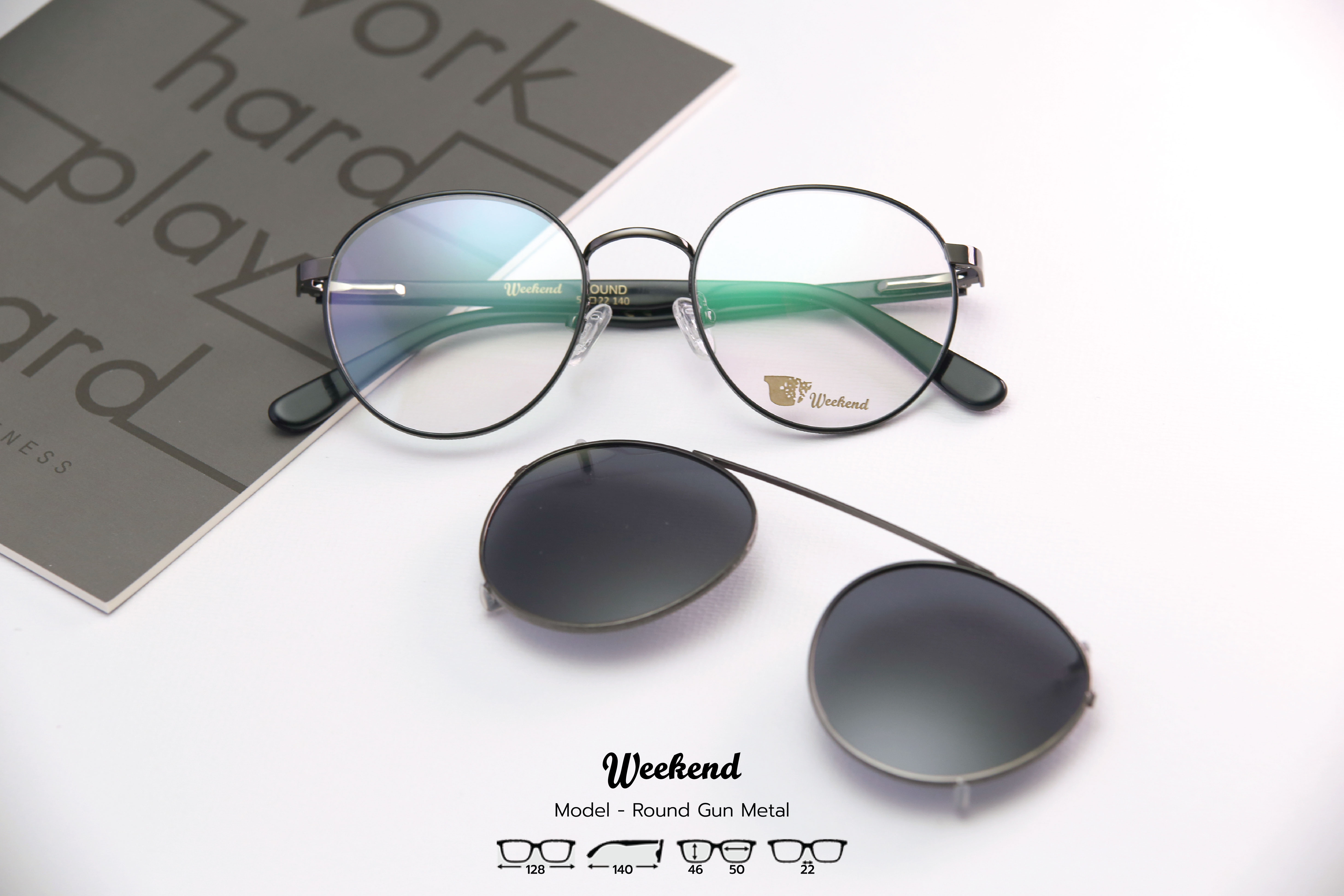 กรอบแว่นสายตาพร้อมคลิปกันแดด Weekend Round Gunmetal