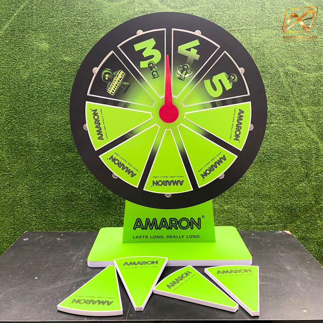 เกมส์วงล้อแม่เหล็กตั้งโต๊ะ ขนาดวงล้อ 50 ซม. สูง 61 ซม. วัสดุพลาสวูดสีขาว หนา 8-15 มม. ถอดประกอบได้