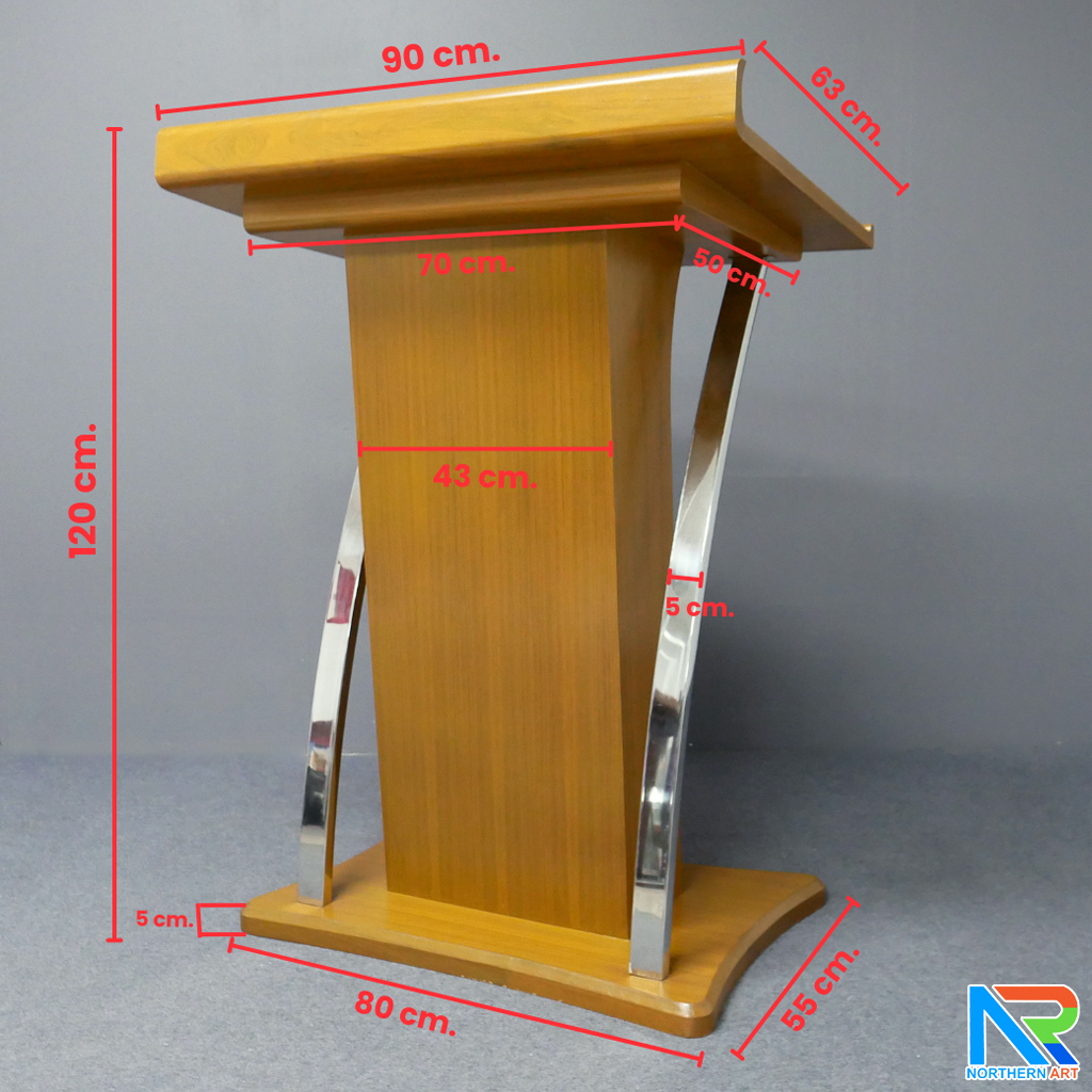 โพเดียมไม้ ยืนคู่ สีสักขนาด (W) 90x (L) 63 x (H) 120 cm. ตกแต่งเสาโค้งสแตนเลสเกรด 304