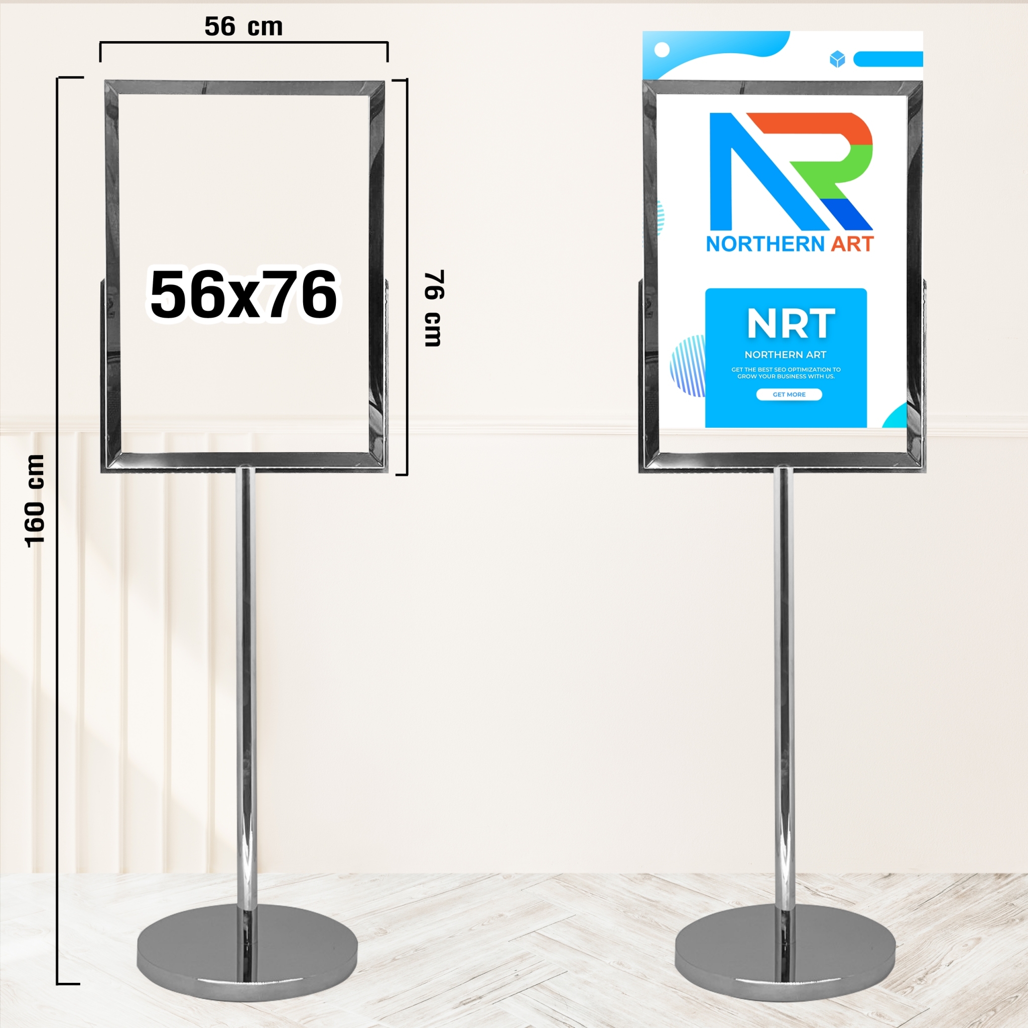 โปสเตอร์สแตนด์ สแตนเลส304 ขนาด56x76 ซม. ฐานกลม เสาเดี่ยว อะคริลิคหนา3มม.ประกบ2แผ่น โชว์งานพิมพ์2ด้าน