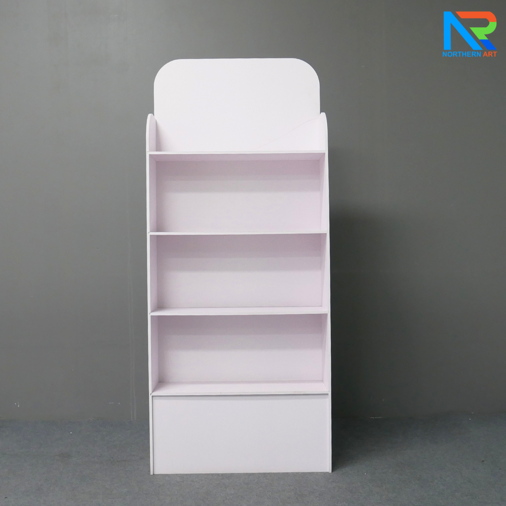 ชั้นวางสินค้าพลาสวูด 4 ชั้น ขนาด (W)60 x (D)20 x (H)140 ซม. พร้อมงานพิมพ์สติ๊กเกอร์ พลาสวูดหนา 8 มม.