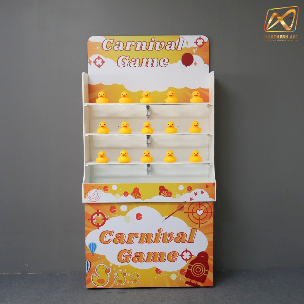 เช่าเกมส์ปาเป็ด ขนาดโครง (W) 90 x (L)36 x (H)180 cm. พร้อมเป็ดยาง 15 ตัว และบอลโฟม 12 ลูก