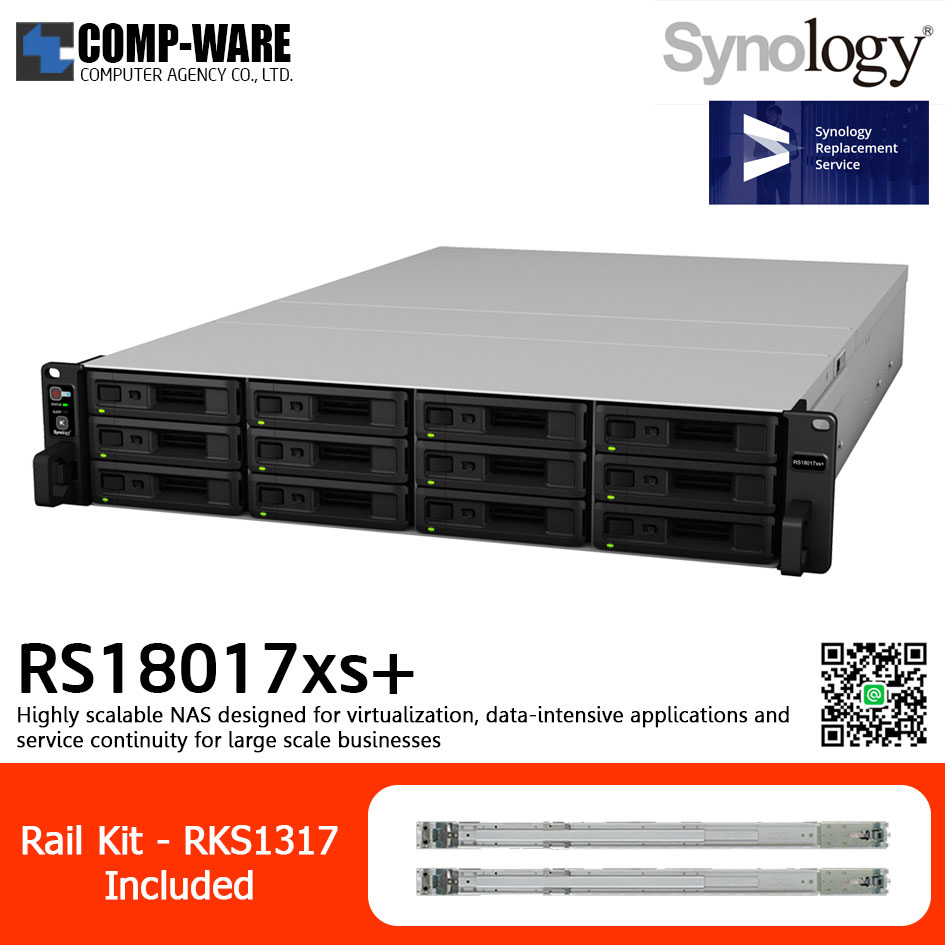 Synology RackStation (2U 12-Bay) RS18017xs+ (16GB ECC RAM) with Rail Kit RKS1317 , No HDD