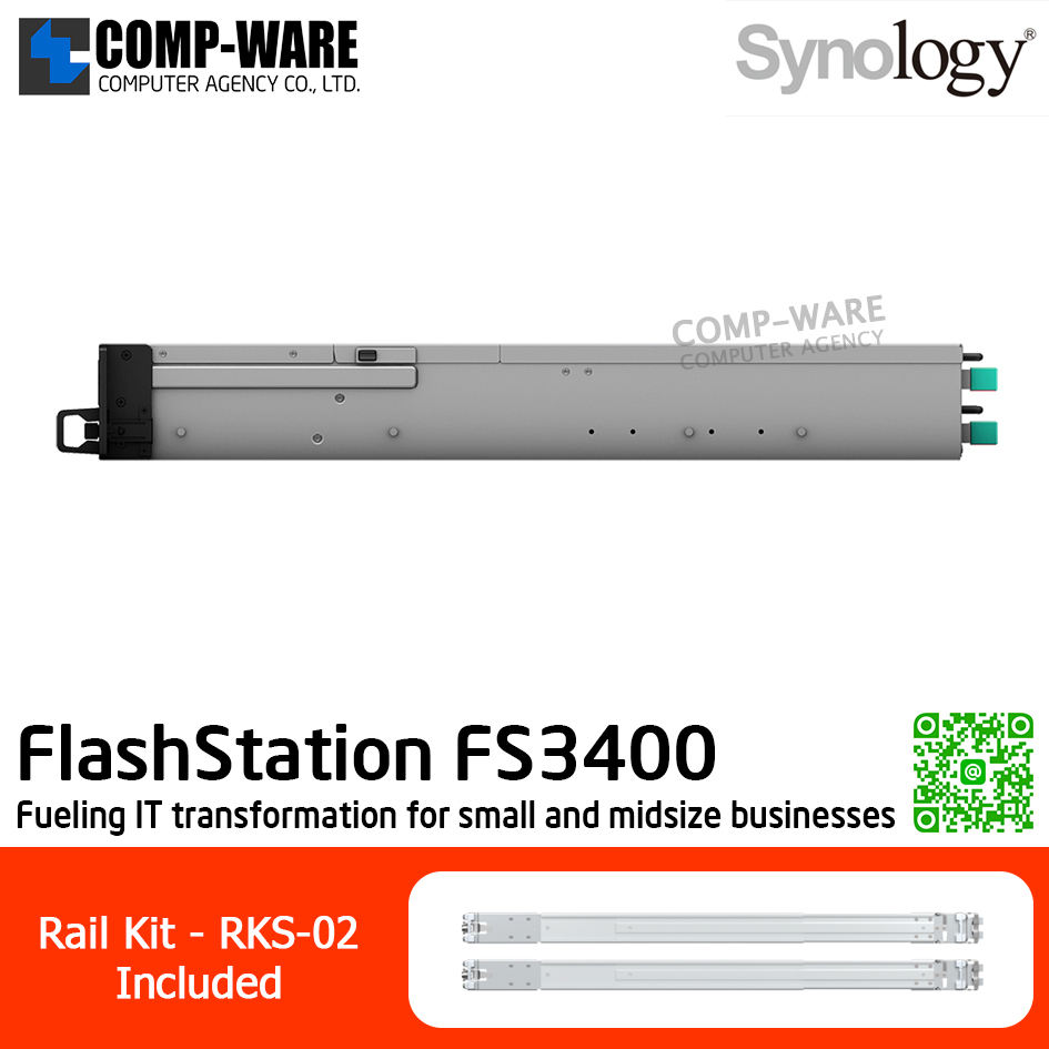 Synology FlashStation (2U 24-Bay 2.5'' SAS/SATA All-flash storage) FS3400 / Intel Xeon D-1541 / 16GB DDR4 RDIMM (Max. 128GB) / 4x1GbE Base T, 2x10GbE Base T / Redundant Power / Rail kit RKS-02 / No HDD / 5Y Warranty