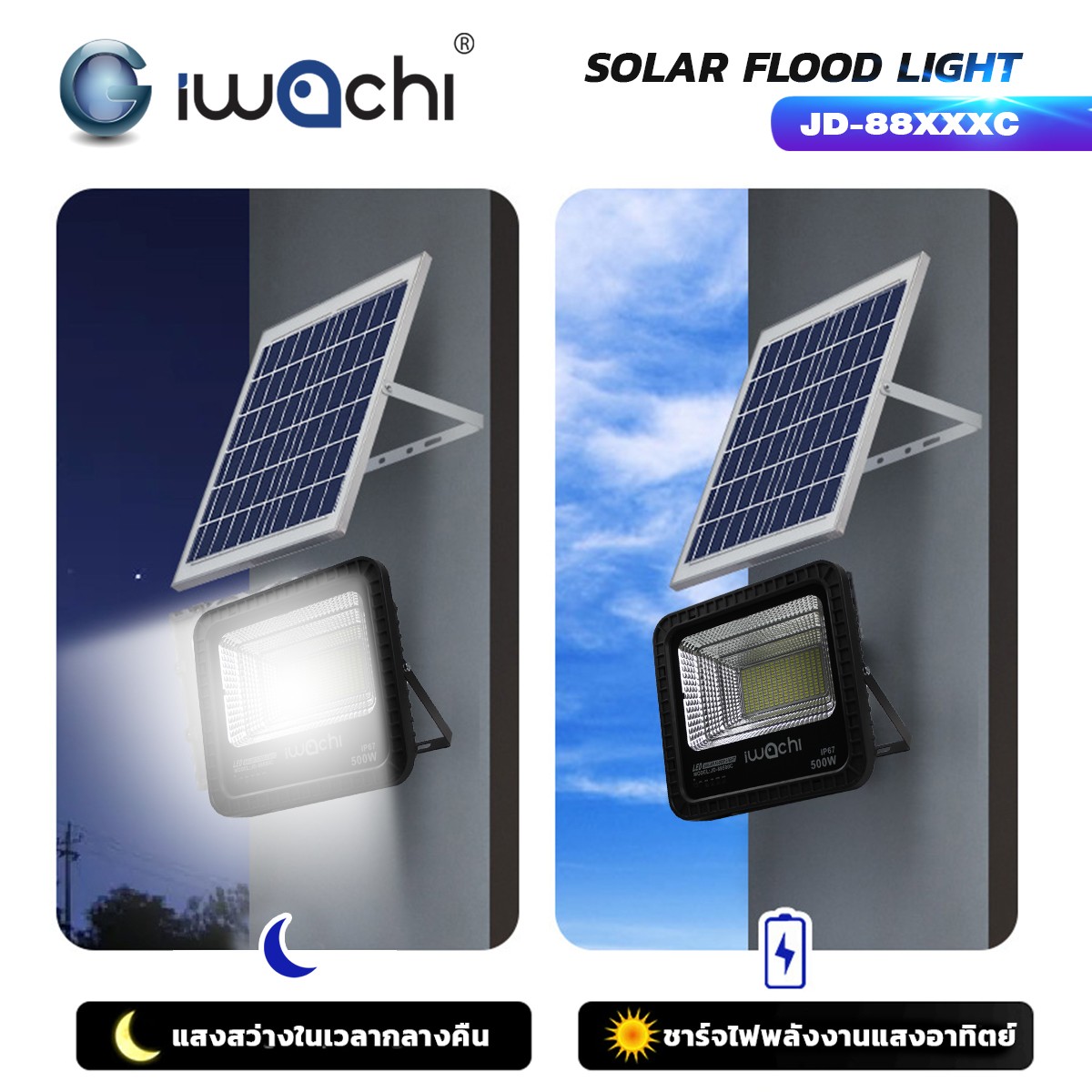 โคมไฟ Sportlight โซล่าเชลล์ ขนาด500w JD8500c