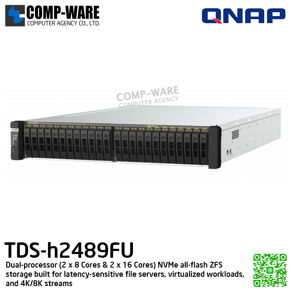 QNAP (2U 24-Bay) TDS-h2489FU-4314-1TB / 2 x Intel Xeon Silver 4314 (16C/32T) / 1TB RDIMM DDR4 ECC (32 x 32GB) / 24 x 2.5" NVMe Gen4 x4 U.2 / 4 x 2.5GbE + 2 x 25GbE SFP28 (PCIe card) / 1200W Redundant PSU / 5Y Warranty / No HDD / Rail Kit RAIL-E03