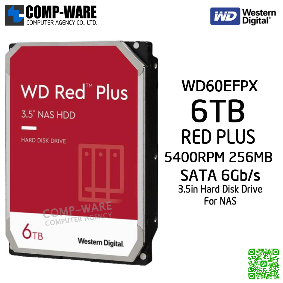 WD Red Plus 6TB NAS Hard Disk Drive - 5400RPM SATA 6Gb/s 256MB Cache 3.5Inch - WD60EFPX รับประกัน 3ปี