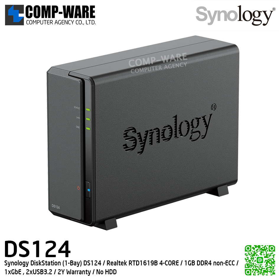 Synology DiskStation (1-Bay) DS124 / Realtek RTD1619B 4-CORE / 1GB DDR4 non-ECC / 1xGbE , 2xUSB3.2 / 2Y Warranty / No HDD